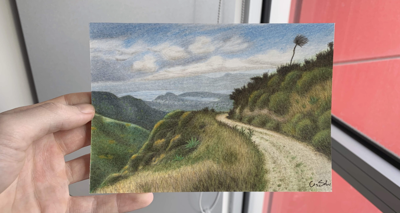 Colored pencil drawing of a trail in New Zealand